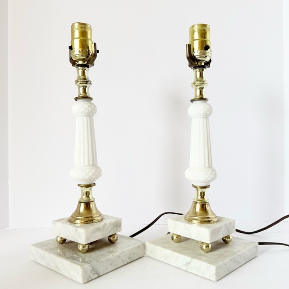Pair Vintage Milk Glass Brass & Marble Table LampsHollywood Regency MCM